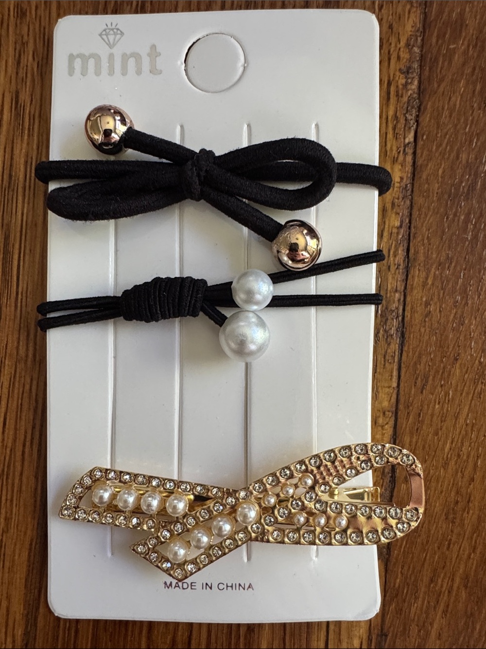 Mint Black Hair Tie and Gold Pearl Bow Clip Set